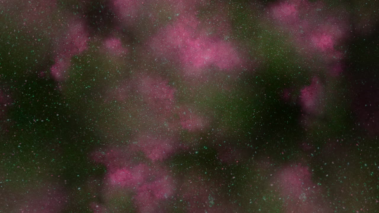 Digital artwork showcases a colorful nebula in shades of pink, purple, and green against a black background. The detailed composition features white and black dots