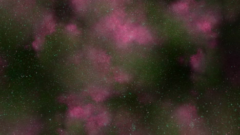 digital artwork showcases a colorful nebula in shades of pink, purple, and green against a black background. the detailed composition features white and black dots