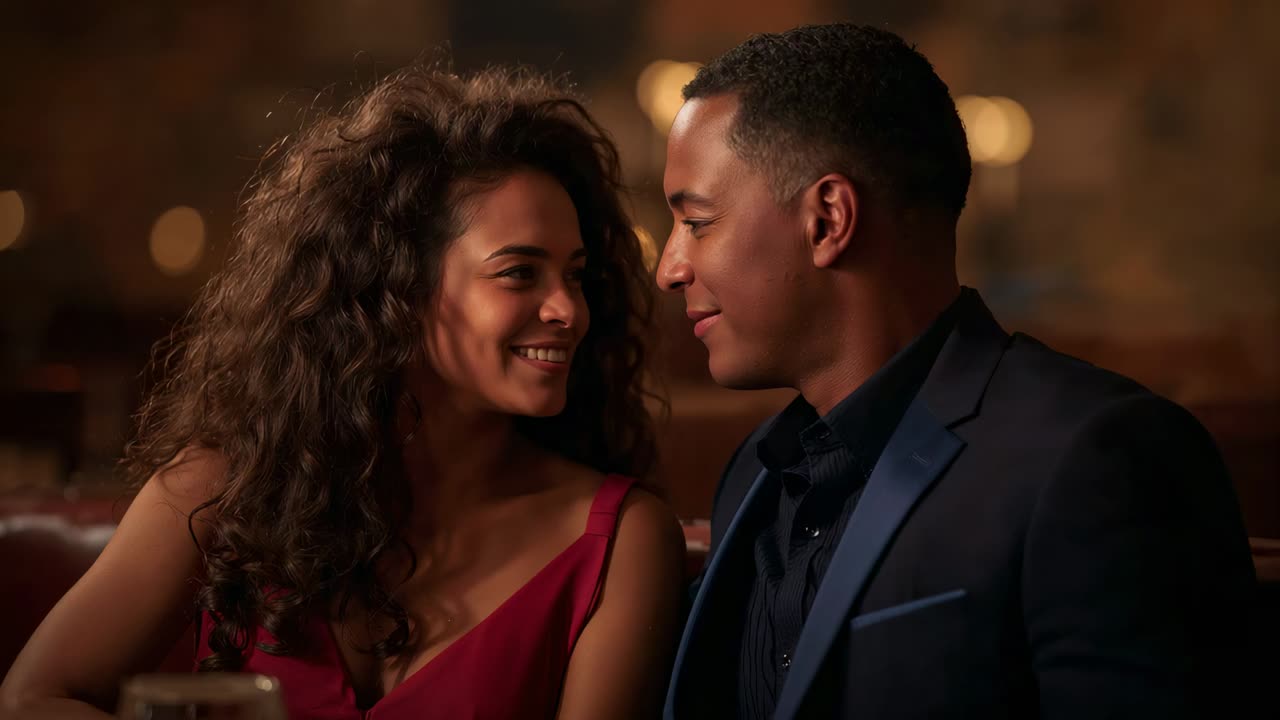 Smiling couple leaning closer after sharing smiles in dim leather booth, wearing red dress and suit