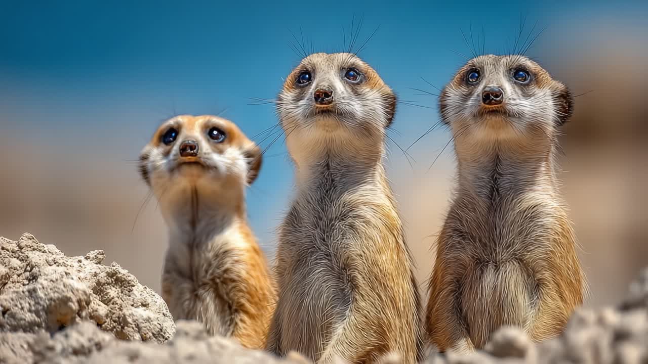 A Heartwarming Moment: Three Meerkats Share Their Curiosity and Wonder in the Bright Outdoors, Capturing the Intriguing Dynamics of Animal Behavior