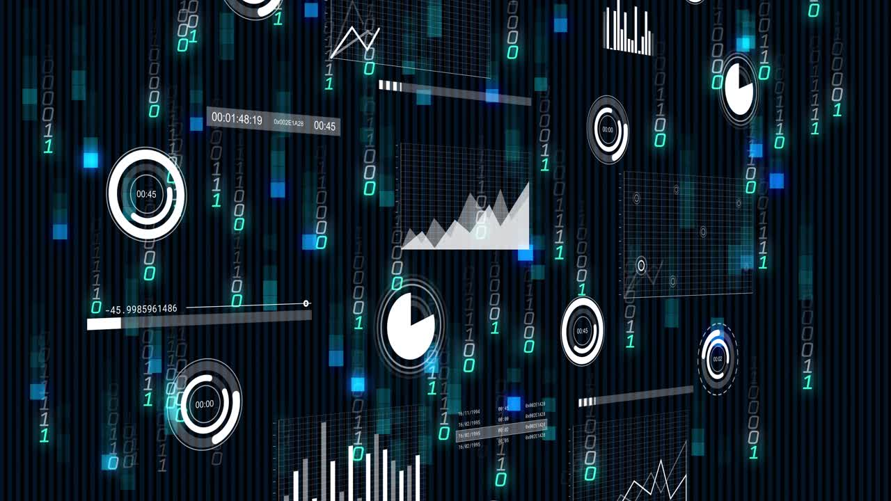 Analytics widgets sliding, updating with falling binary digits increasing, revealing layered view