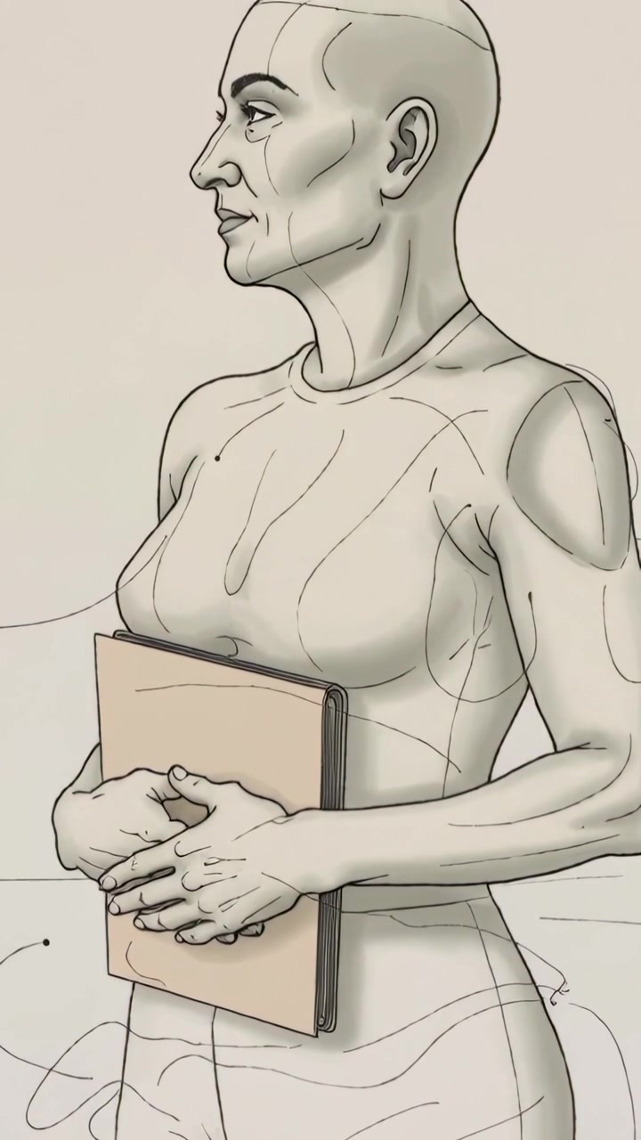 Video verticale: Modella in posa che gira a destra in studio, con quaderno e guide, in body per il disegno.