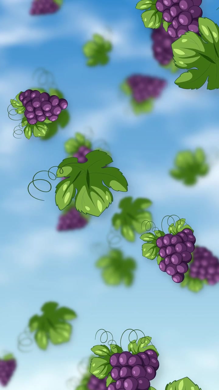 Grappoli d'uva e foglie in stile cartone animato cadono attraverso un cielo azzurro brillante con nuvole soffici.