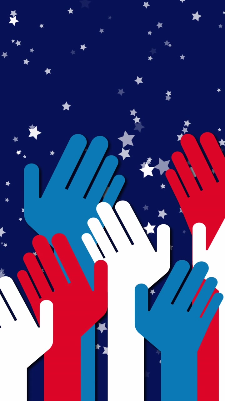 Animation of stars and hands raising coloured with flag of usa