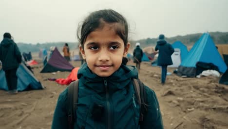 young refugee girl stands in a camp, wearing a backpack and expressing hope amidst challenging circumstances