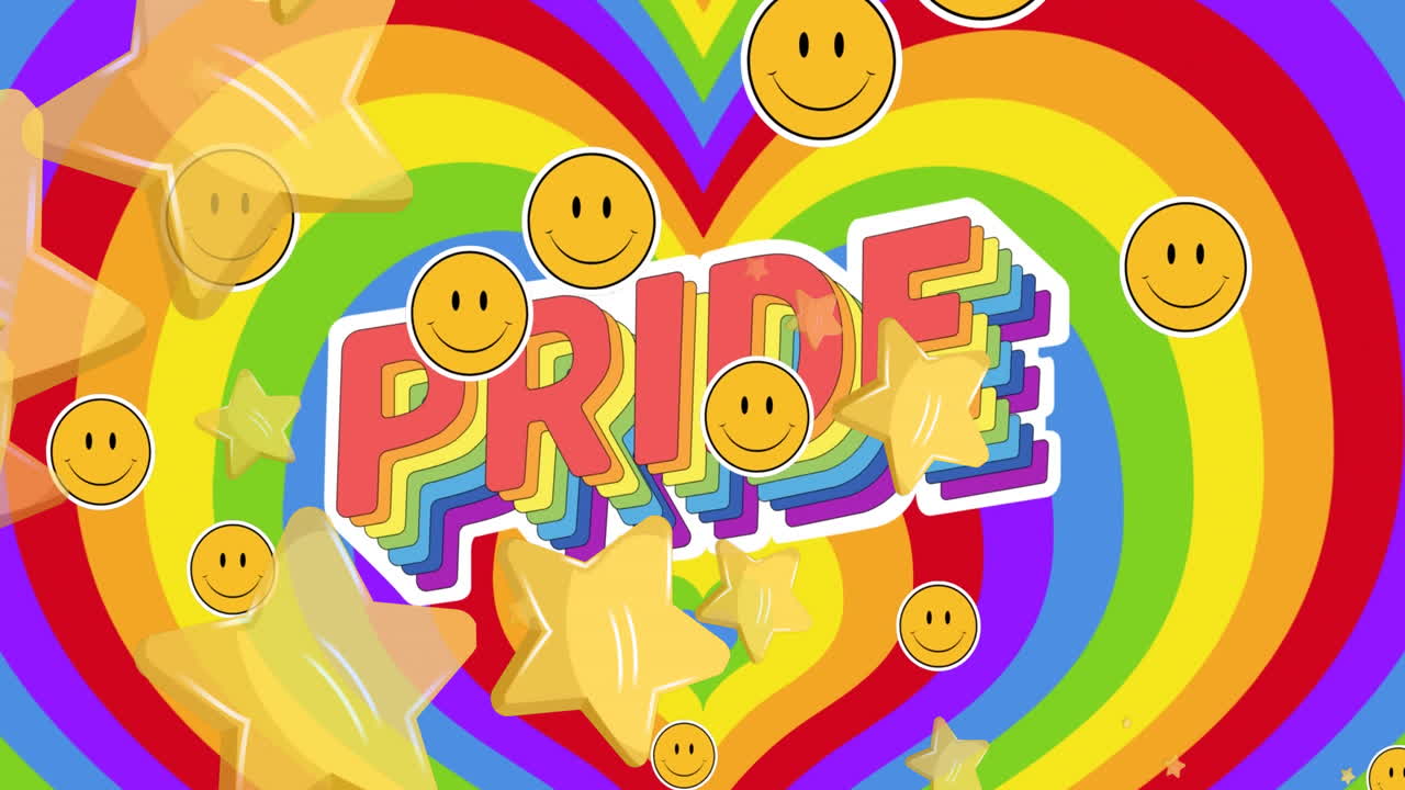 animación de emoticones y estrellas sobre el orgullo contra el patrón de corazón multicolor en el fondo
