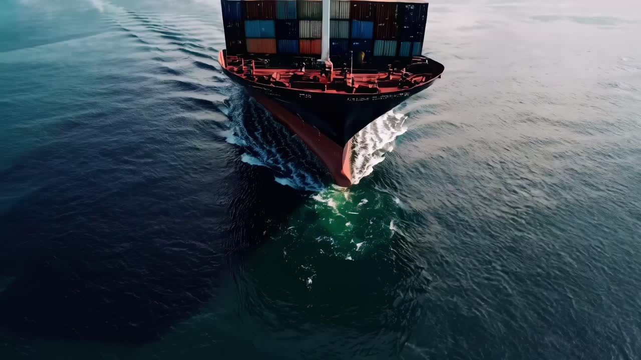 Aerial view of a cargo ship cutting through the ocean, showcasing vibrant containers
