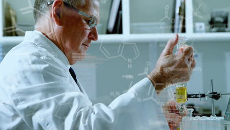 animation of data processing and chemical formula over caucasian male scientist taking sample