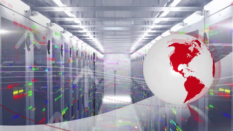 animación de procesamiento de datos a través de la sala de servidores con conexiones de globo y red