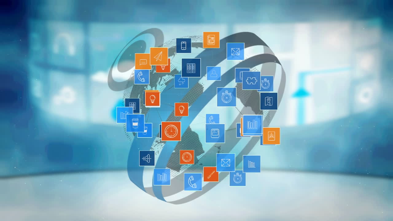 animación de los iconos de las redes sociales sobre el globo giratorio