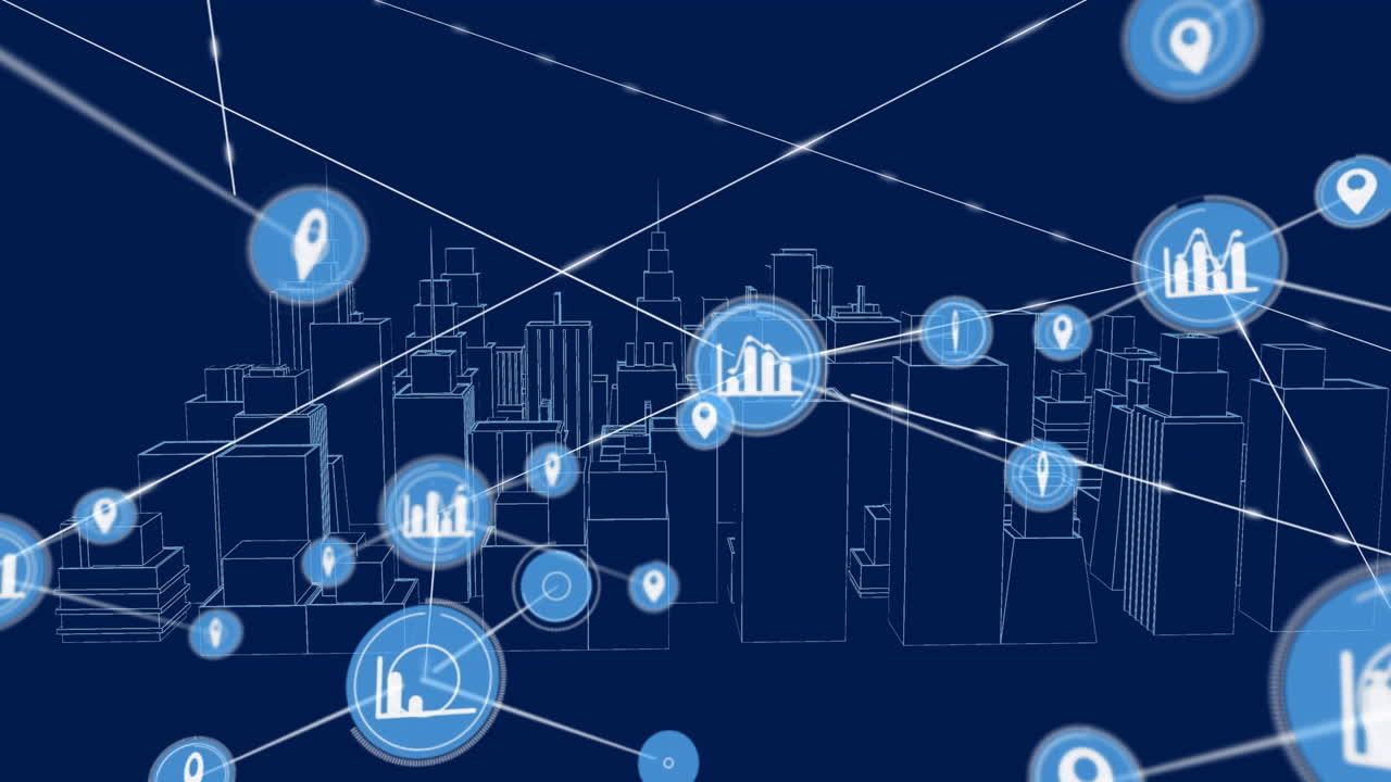 Animation of network of connections with icons over 3d architectural model