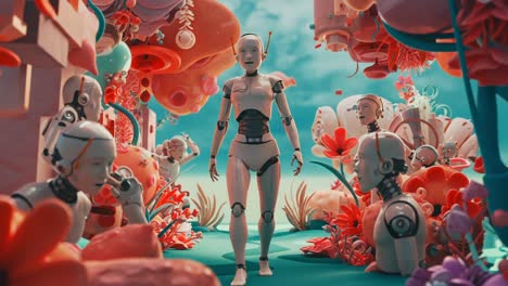 a journey through a surreal world of robots and imagination: exploring the intricate and colorful landscape filled with enigmatic robot figures and florals