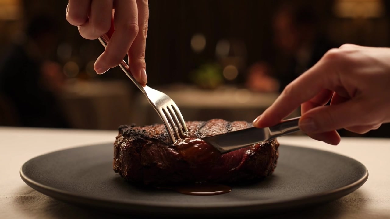 Persona che taglia una succulenta bistecca alla griglia in un ristorante