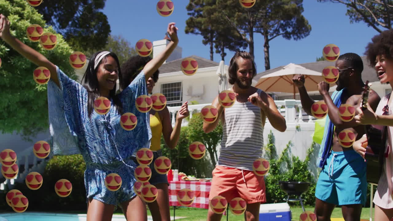 Friends dancing playing guitar by pool with floating music notes and grill icons for marketing
