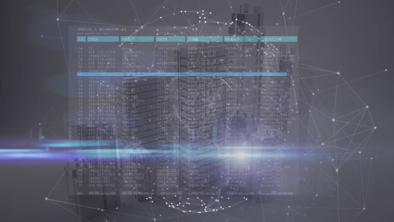 Animation of data processing and network of connections over cityscape