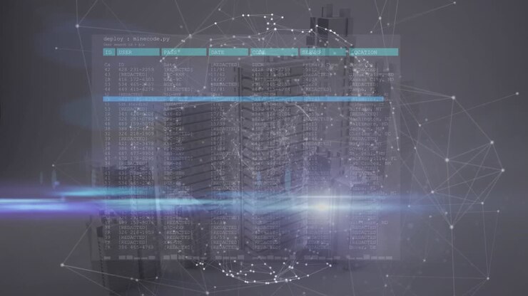 Animation of data processing and network of connections over cityscape