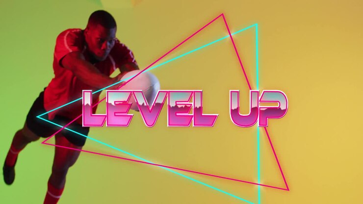 Animation of level up text over neon pattern african american rugby player