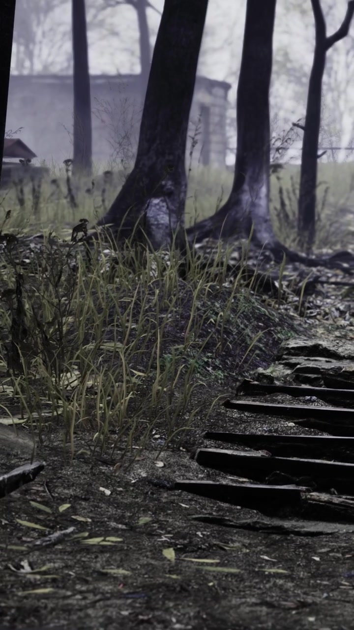Sentiero tra alberi ed erba con gradini che conducono nel bosco.