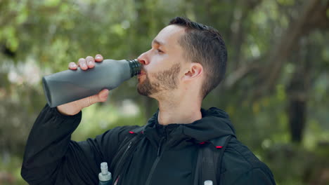 Hiking,-nature-and-man-drinking-water-in-bottle