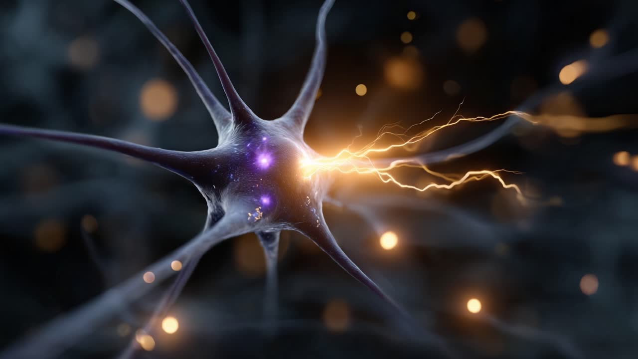 Dynamic Visual of a Neuron Firing, Showcasing Neural Activity and Electric Sparks in an Abstract Representation of Nervous System Functionality