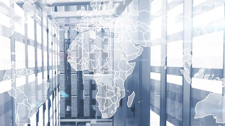 Data servers in modern facility with world map overlay animation