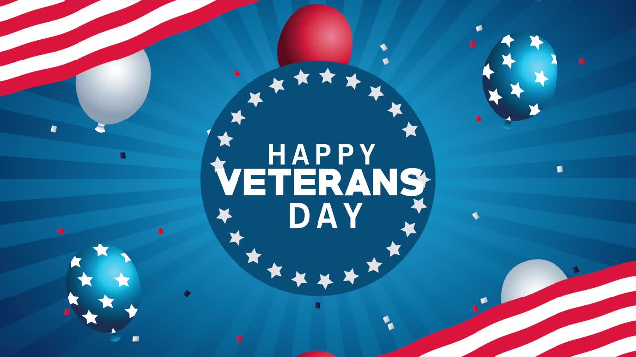 행복한 참전용사 날 발과 풍선 헬을 가진 글자 애니메이션 원형 프레임