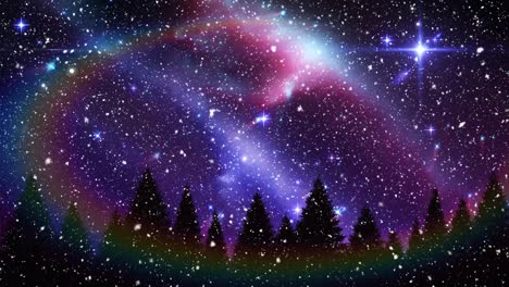 Nieve-Que-Cae-Y-Noche-De-Navidad-Cielo-Estrellado-Aurora-Arcoíris