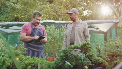 vielfältige männliche gärtner, die tablette benutzen und im gartenzentrum sprechen