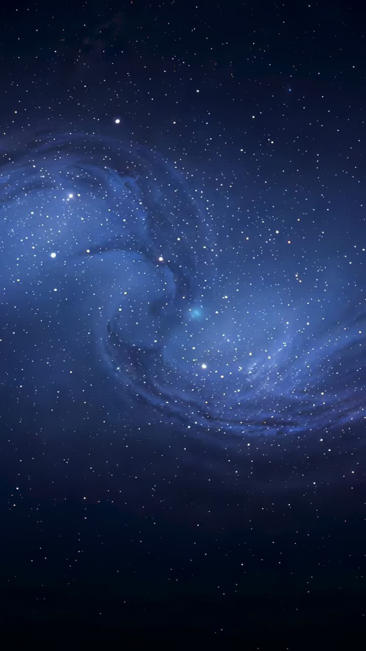 Vertical video: Panning camera pushing blue spiral nebula drifting in space, centering bright core