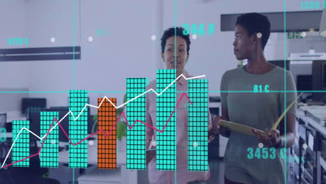 businesswomen discussing data with bar and line graph animation overlay