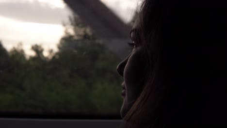 primer plano del rostro de la mujer mirando a la ventana en un tren en movimiento. oscurecido. crepúsculo de la tarde. vista lateral