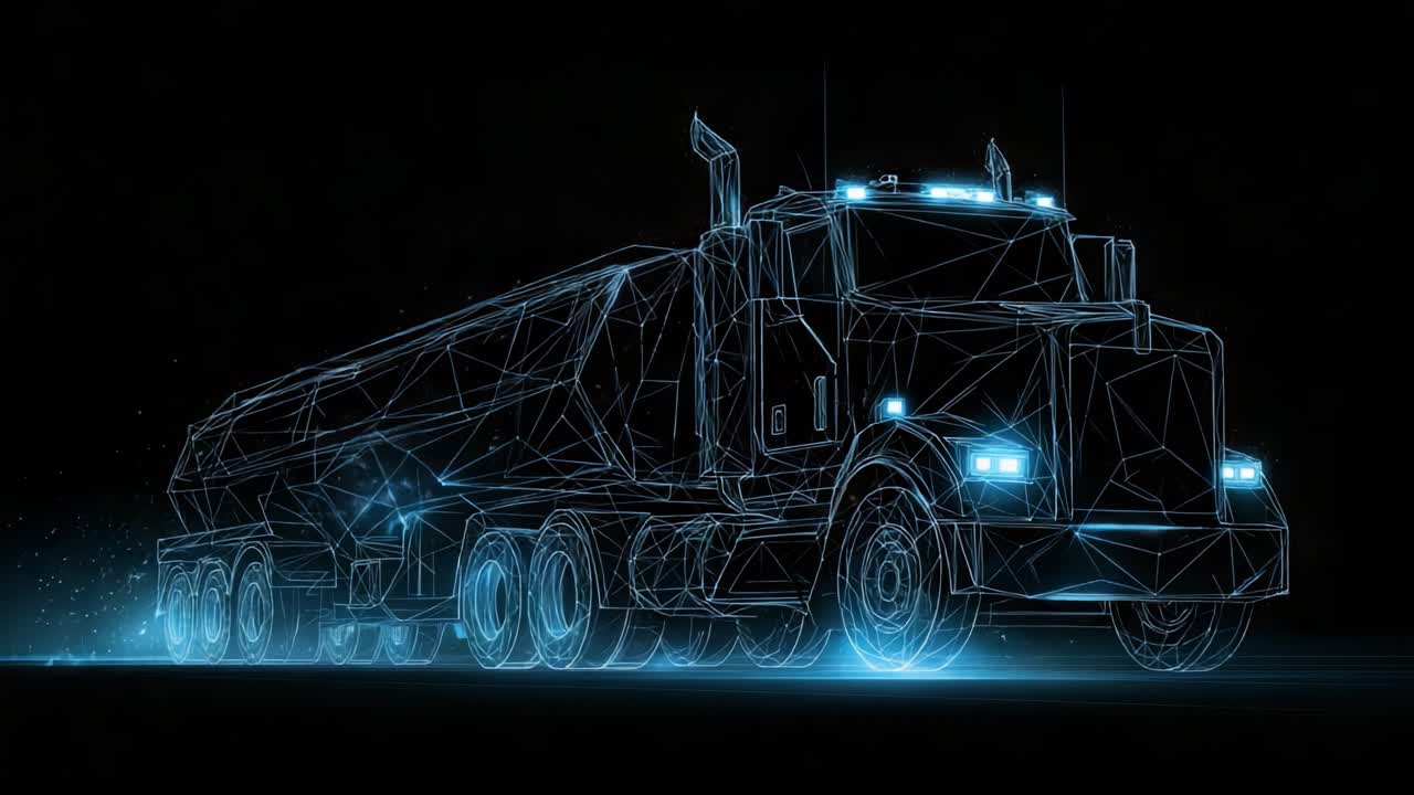 A Futuristic Representation of a Truck: This High-Tech Visualization Captures a Detailed Wireframe Design of a Heavy-Duty Vehicle in a Sleek, Dark Environment