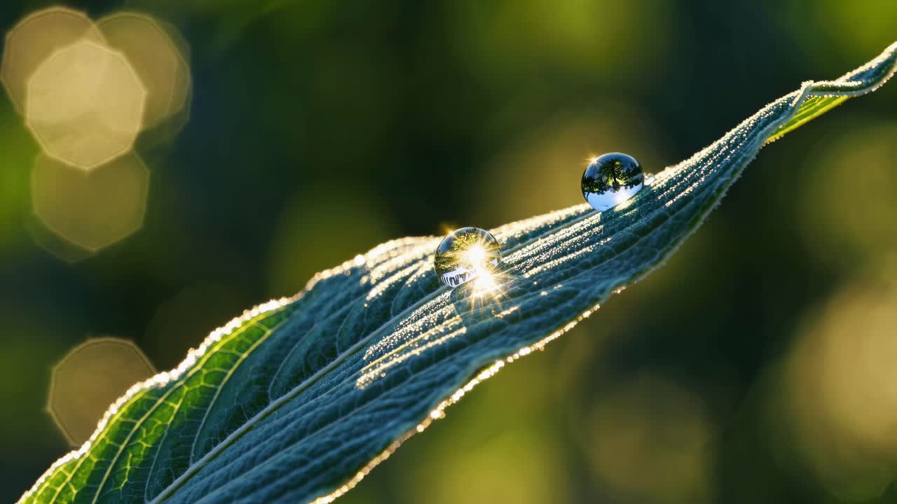The video captures dewdrops glistening on a leaf, emphasizing nature's beauty with a serene