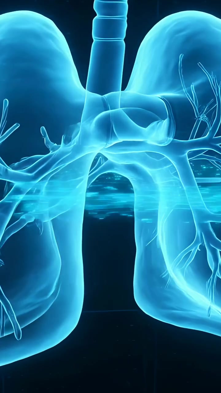 Video verticale: Allontanandosi, la telecamera rivela polmoni blu in 3D, chiarendo trachea e bronchi.