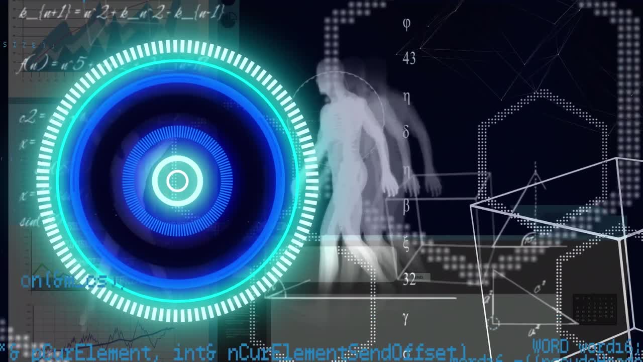 네온 둥근 스캐너의 애니메이션, 인체 모델에 대한 데이터 처리 및 기하학적 모양