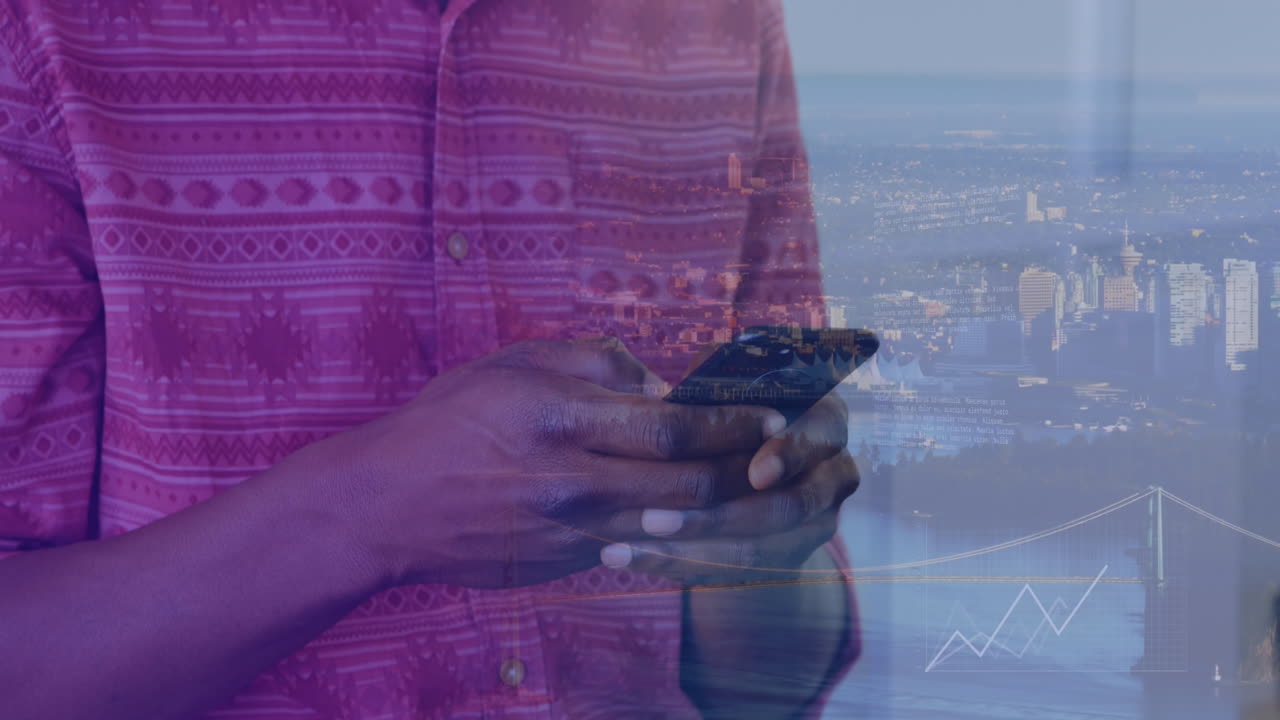 Animation af afroamerikansk forretningsmand, der bruger smartphone over data og bylandskab