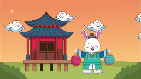 happy chuseok celebration with chinese house and rabbit