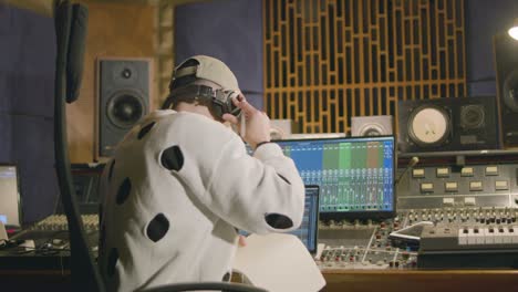 giovane uomo caucasico che lavora in uno studio di registrazione musicale