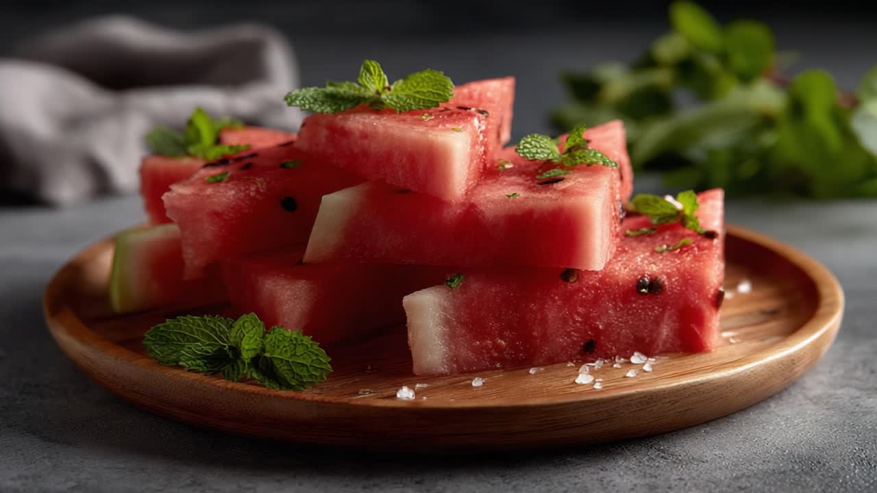 A Refreshing Presentation of Juicy Watermelon Slices Garnished with Fresh Mint Leaves on a Wooden Plate, Perfect for Summer Snacking or Healthy Desserts