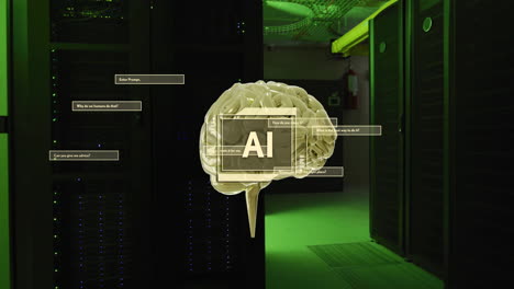 animation of ai text, brain and data processing over computer servers