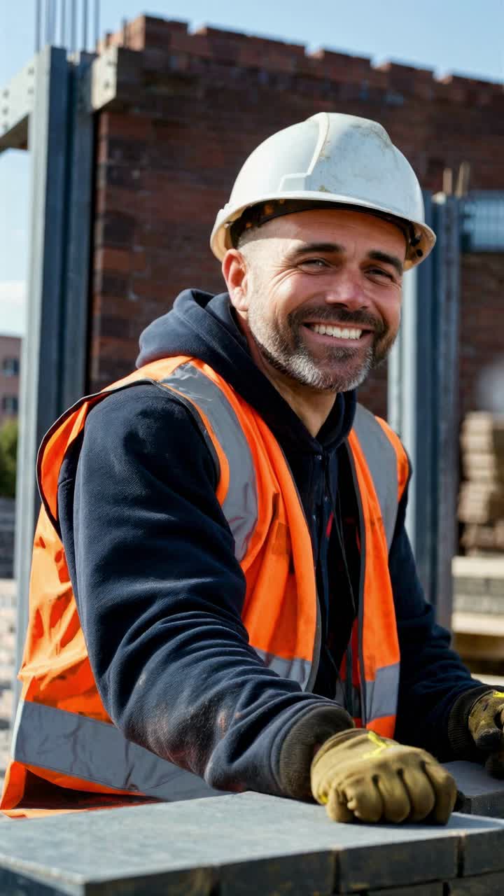 A smiling construction worker in a hard hat and orange vest, captured from a low-angle shot