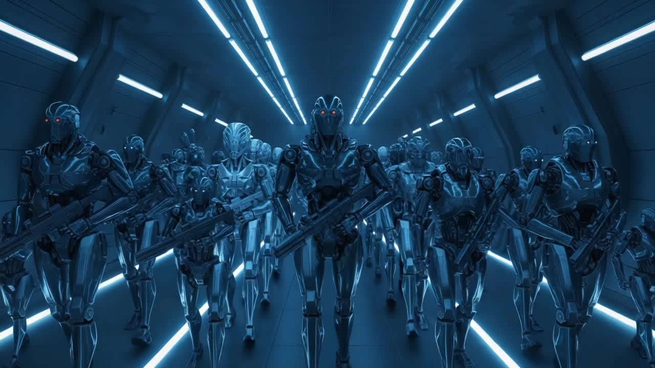 A Legion of Advanced Robots Marching Through a High-Tech Corridor, Armed and Ready, Showcasing Futuristic Design and Intimidating Presence in a Sci-Fi Setting