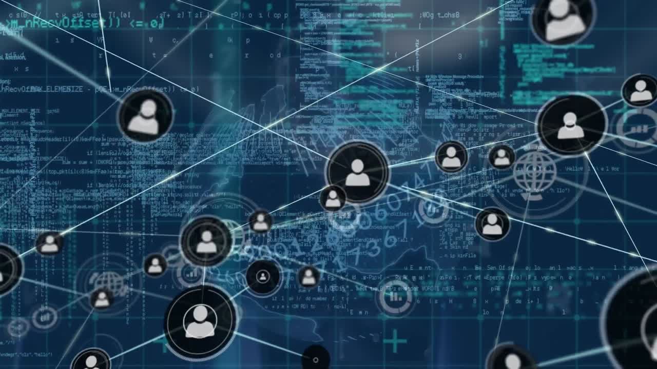 Animation of network of connections with icons over data processing