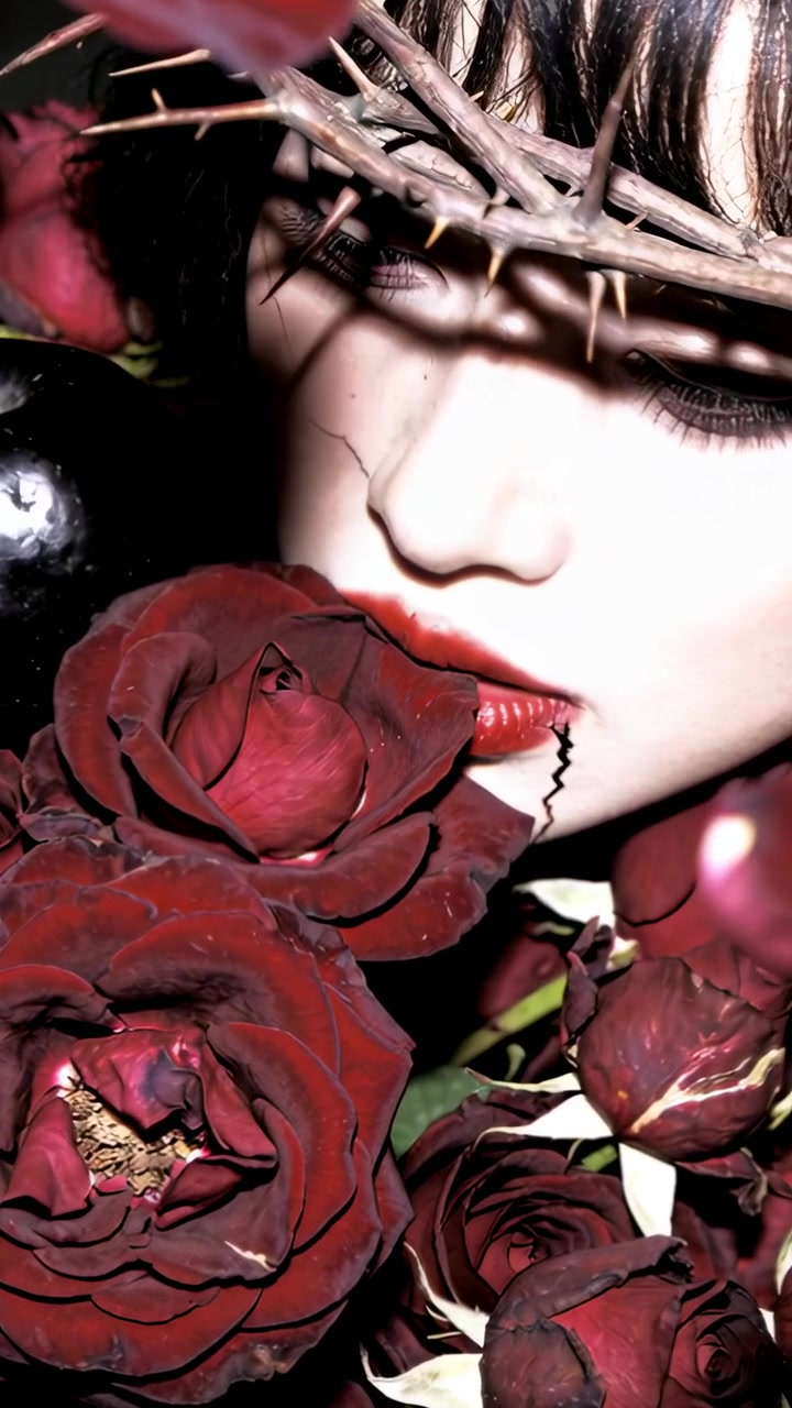 Video verticale: Volto che si abbassa tra le rose, modella in posa che bacia una rosa con una corona di spine e un'impronta di rossetto.