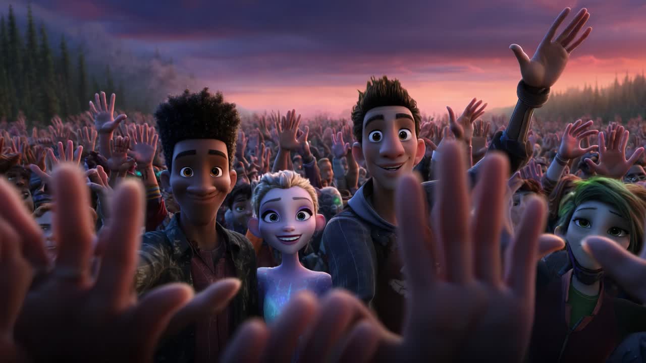 A joy-filled moment captured at dusk, showcasing animated characters with enthusiastic expressions amidst a crowd, their hands raised in excitement and a backdrop of vibrant skies