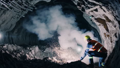 underground miner working in a dark tunnel with smoke and sparks