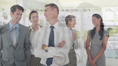 Animation-of-trading-board,-graphs,-diverse-coworker-tapping-shoulder-and-congratulating-businessman