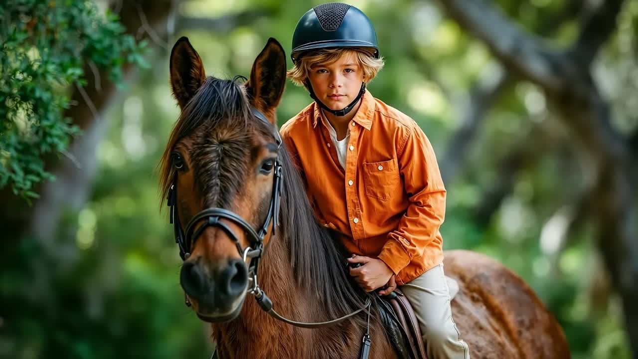 A young boy riding on the back of a brown horse