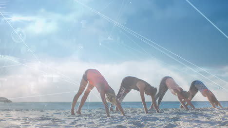 animation of data processing over group of female friends practicing yoga, meditating at the beach