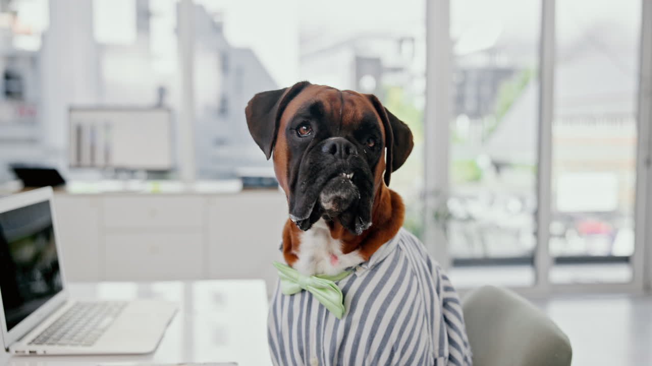 Boxer dog in shirt and bowtie in office